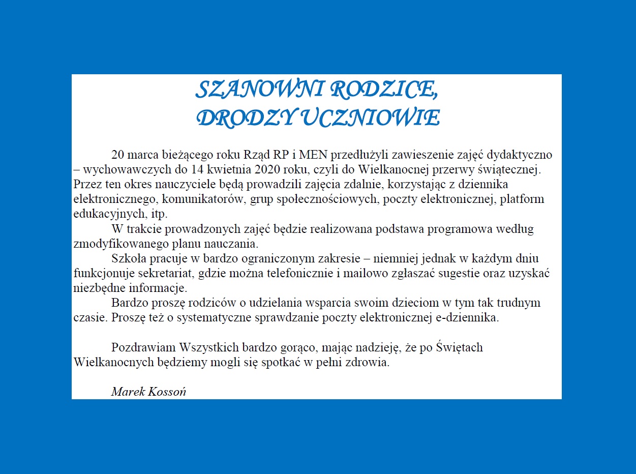 szanowni rodzice drodzy uczniowie