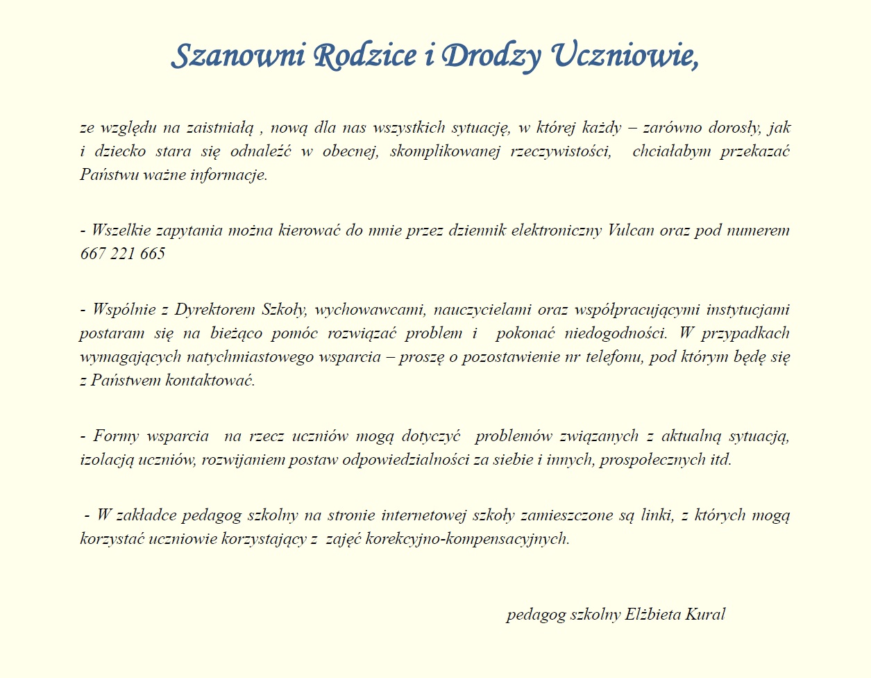 szanowni rodzicie i drodzy uczniowie