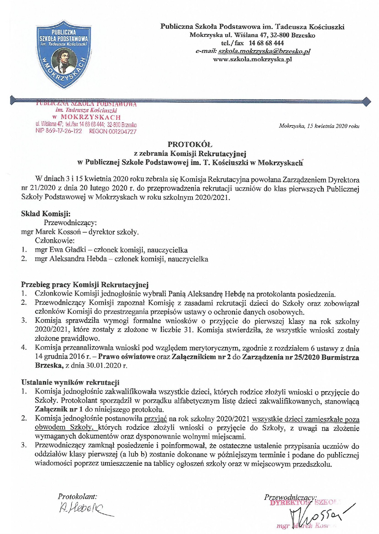 protokuł zebrania komisji rekrutacyjnej 2020/2021