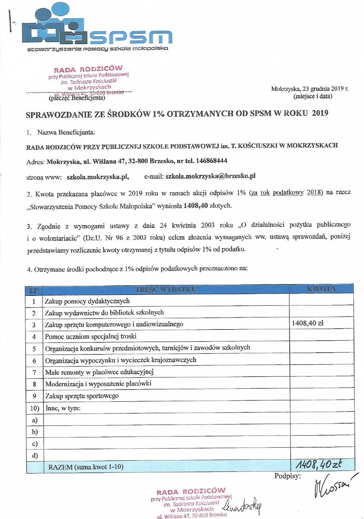 sprawozdanie ze środków 1% otrzymanych od spsm w roku 2019