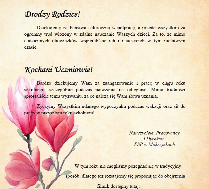 podziękowania dla rodziców