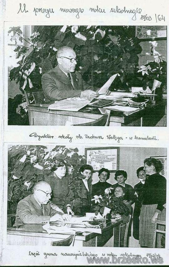 Grono pedagogiczne  w roku szkolnym 1963/64. Od lewej; dyr szkoły Tadeusz Wałęga, jego żona Aleksandra Wałęga, Maria Latocha - Franczak, Stefania Zabiegała, Wanda Koza, Maria Cierniak - Lechowicz, Anna Kania - Dubiel, siedzi - Stefania Pacura Bryła.