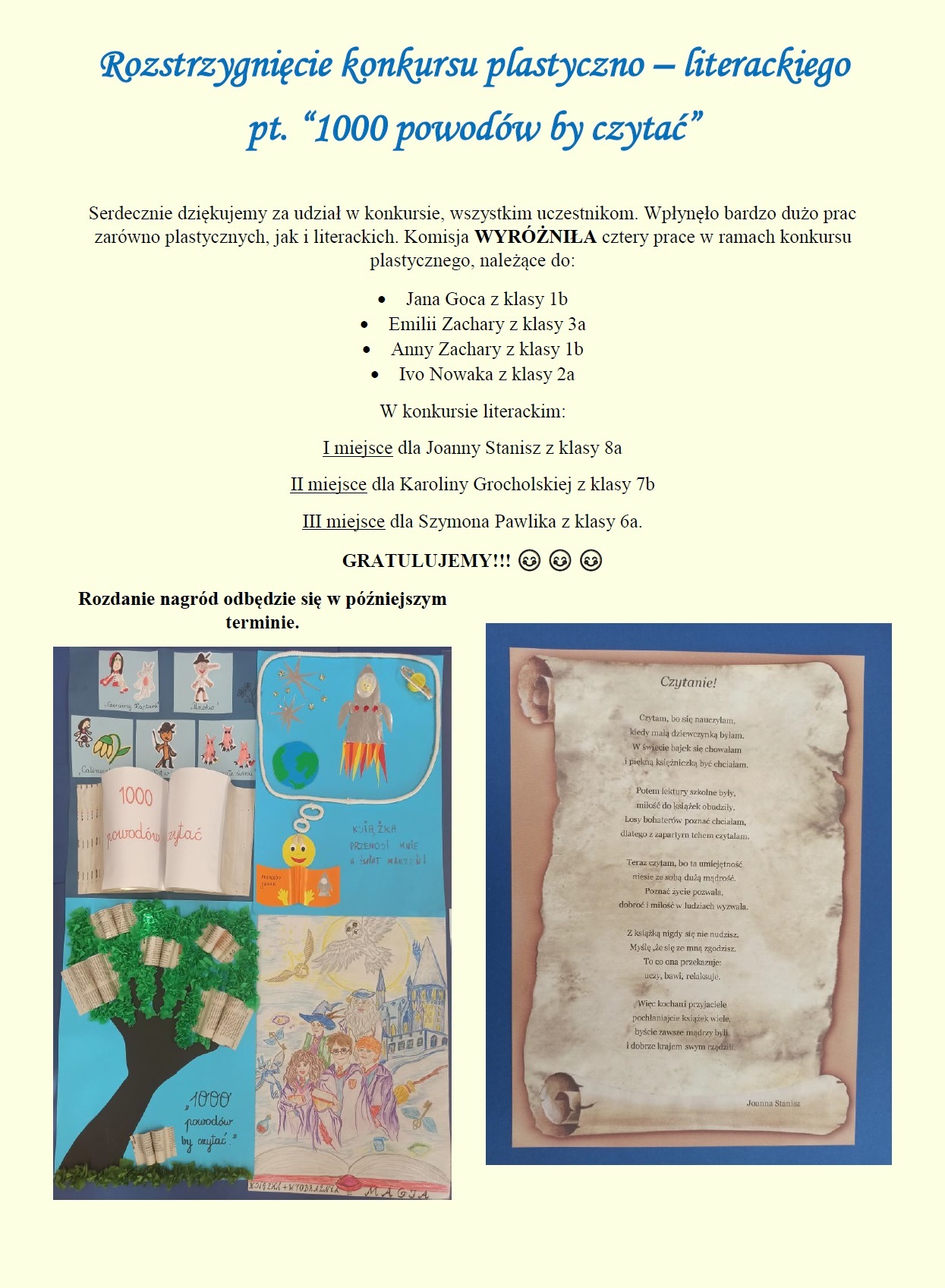 roztrzygnięcie konkursu plastyczno-literackiego  pt. 1000 powodów by czytać