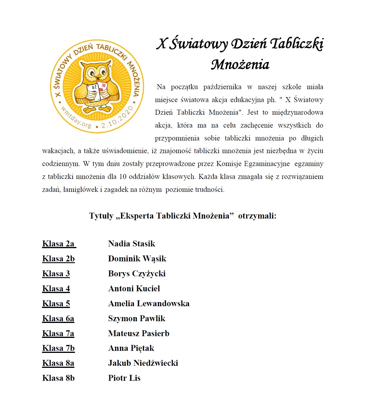 x światowy dzień tabliczki mnożenia