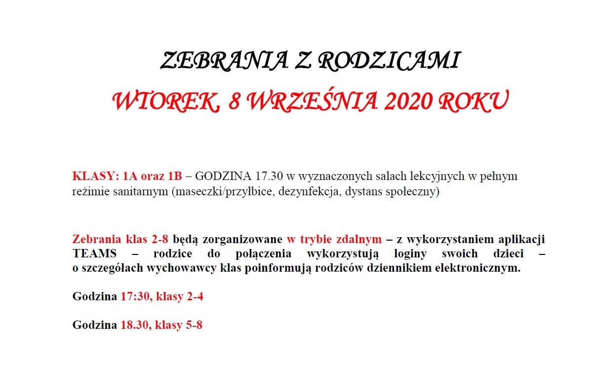zebrania z rodzicami wtorek 8 września 2020 roku